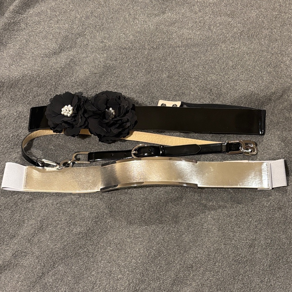 White House Black Market Floral Black and Metallic Belt Trio